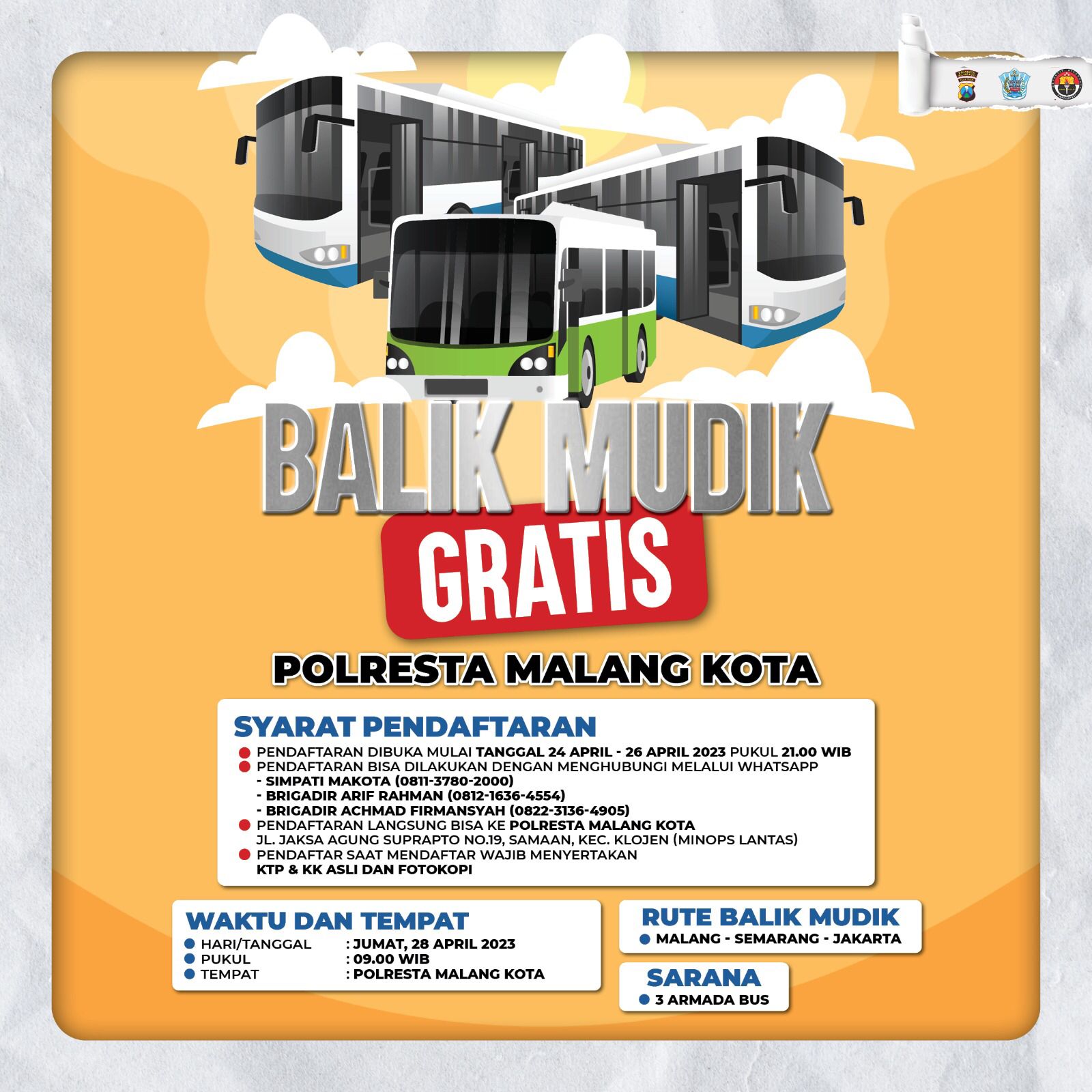 Polresta Malang Buka Layanan Balik Mudik Gratis Tujuan Semarang – Jakarta