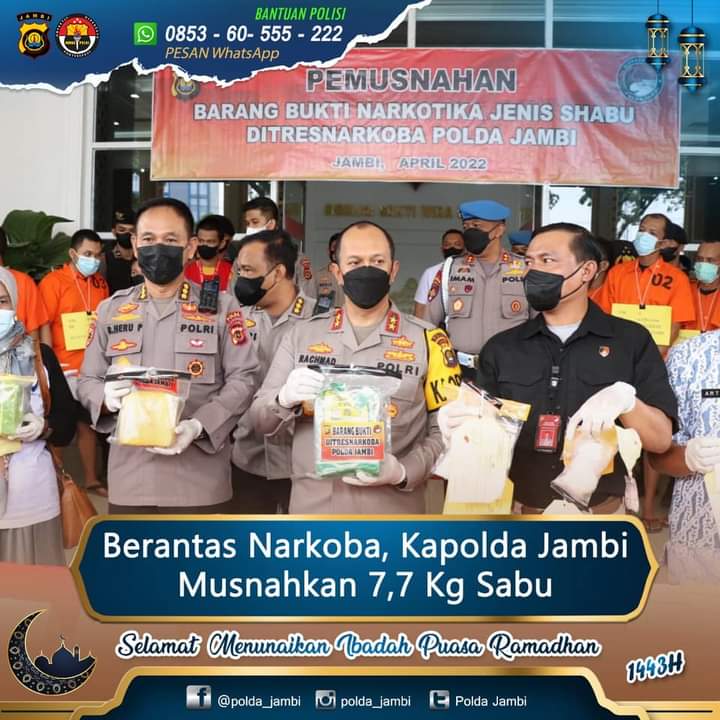 Berantas Narkoba, Kapolda Jambi Musnahkan 7,7 Kg Sabu