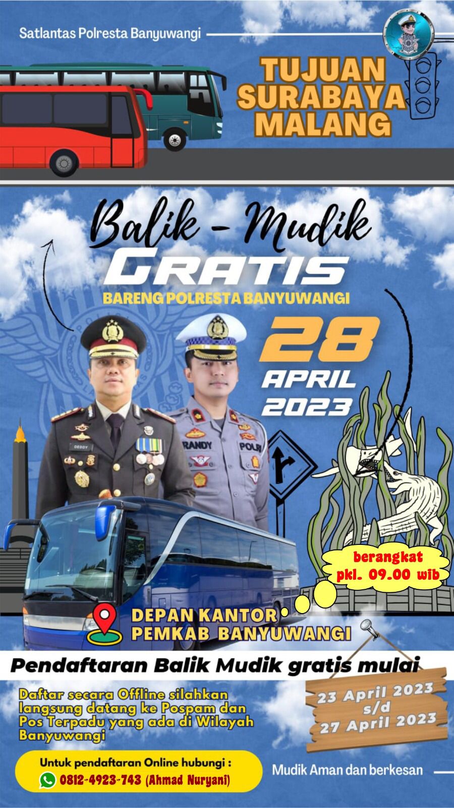 Catat Tanggalnya, Polresta Banyuwangi Sediakan Balik Mudik Gratis Tujuan Surabaya dan Malang