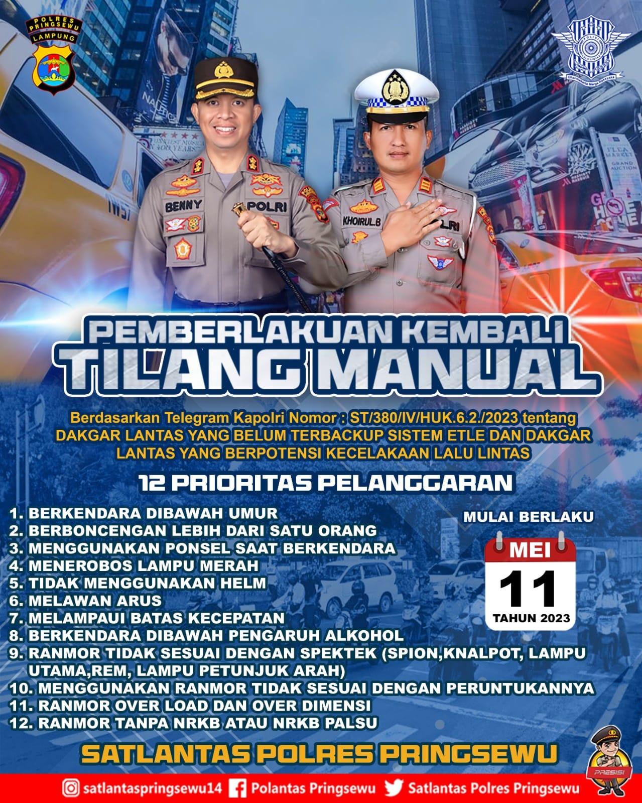 Pelanggaran dan Kecelakaan Meningkat, Polres Pringsewu Kembali Terapkan Tilang Manual.